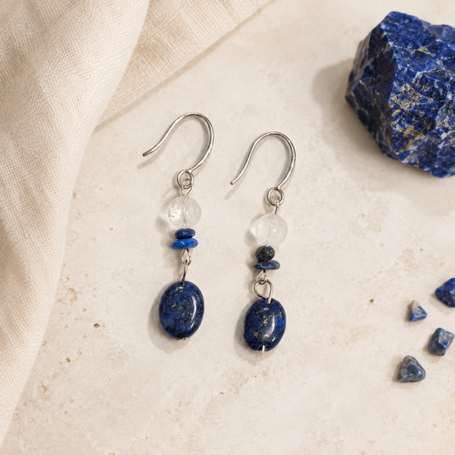 Boucles d’Oreilles – Cristal de Roche & Lapis-Lazuli chez Arabesk|fr