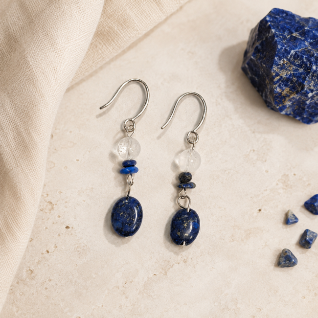 Boucles d’Oreilles – Cristal de Roche & Lapis-Lazuli chez Arabesk|fr