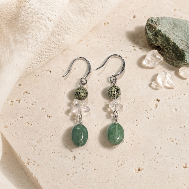 Boucles d’Oreilles – Jaspe Zèbre Vert, Cristal de Roche & Aventurine Verte chez Arabesk|fr