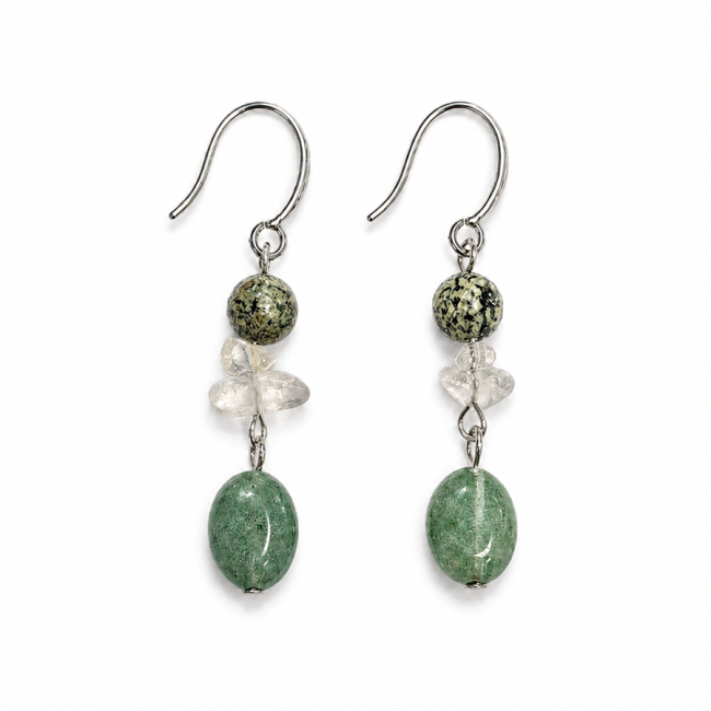 Boucles d’Oreilles – Jaspe Zèbre Vert, Cristal de Roche & Aventurine Verte chez Arabesk