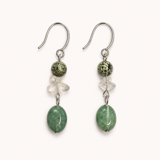 Boucles d’Oreilles – Jaspe Zèbre Vert, Cristal de Roche & Aventurine Verte chez Arabesk