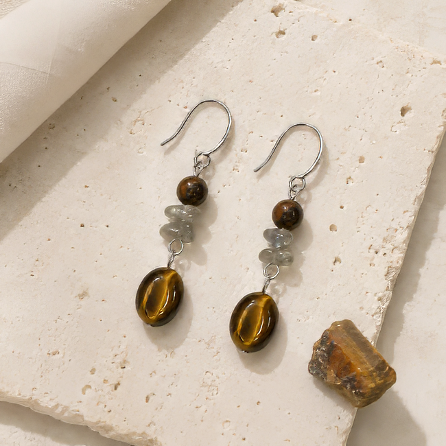 Boucles d’Oreilles – Obsidienne Acajou, Labradorite & Œil de Tigre chez Arabesk|fr