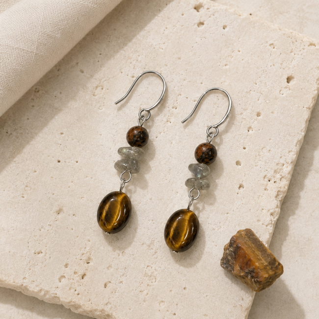 Boucles d’Oreilles – Obsidienne Acajou, Labradorite & Œil de Tigre chez Arabesk|fr