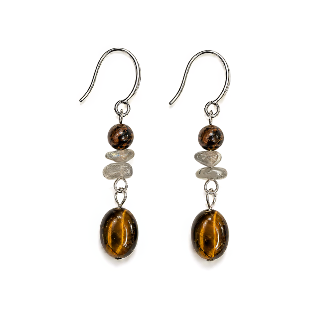Boucles d’Oreilles – Obsidienne Acajou, Labradorite & Œil de Tigre chez Arabesk