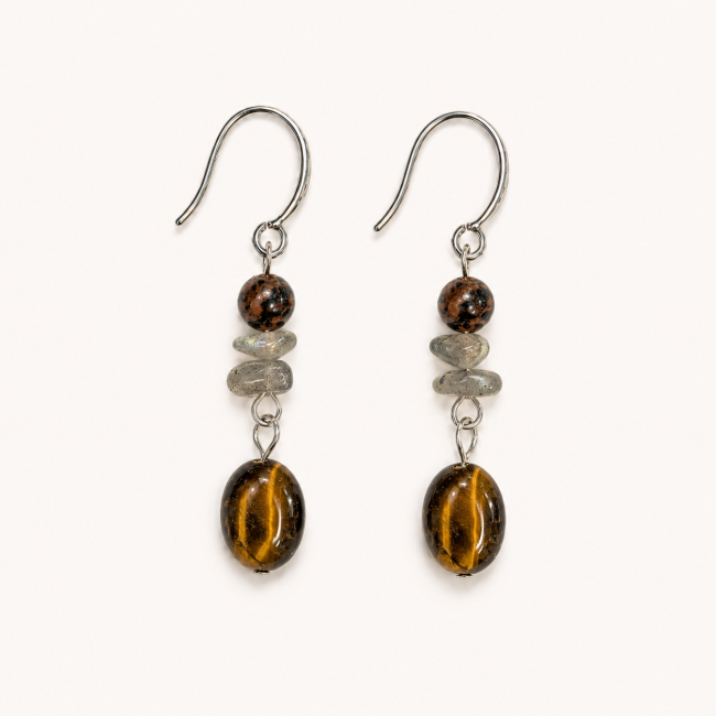 Boucles d’Oreilles – Obsidienne Acajou, Labradorite & Œil de Tigre chez Arabesk
