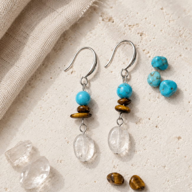 Boucles d’Oreilles – Turquénite, Œil de Tigre & Cristal de Roche chez Arabesk|fr