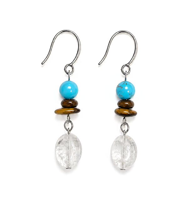 Boucles d’Oreilles – Turquénite, Œil de Tigre & Cristal de Roche chez Arabesk