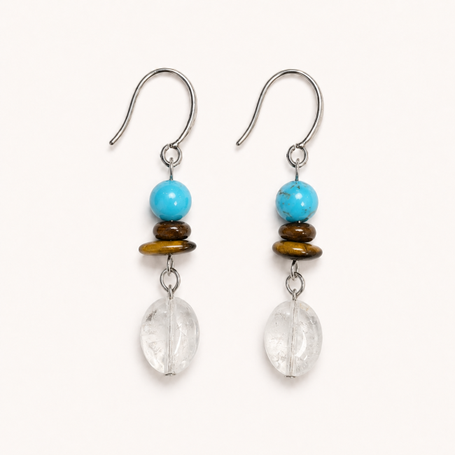 Boucles d’Oreilles – Turquénite, Œil de Tigre & Cristal de Roche chez Arabesk
