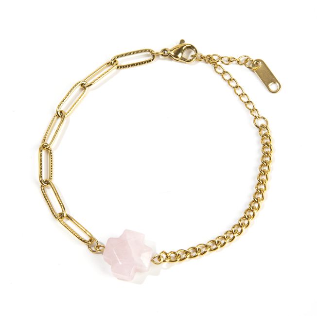 Bracelet Croix Quartz Rose A en Acier Inoxydable Doré 16cm