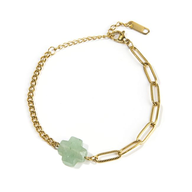 Bracelet Croix Aventurine Verte A en Acier Inoxydable Doré 16cm