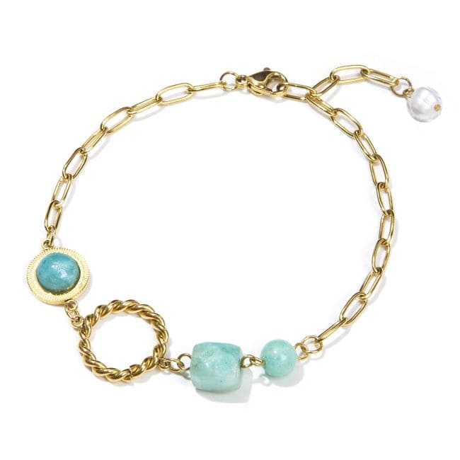 Bracelet Amazonite A en Acier Inoxydable Doré 23cm