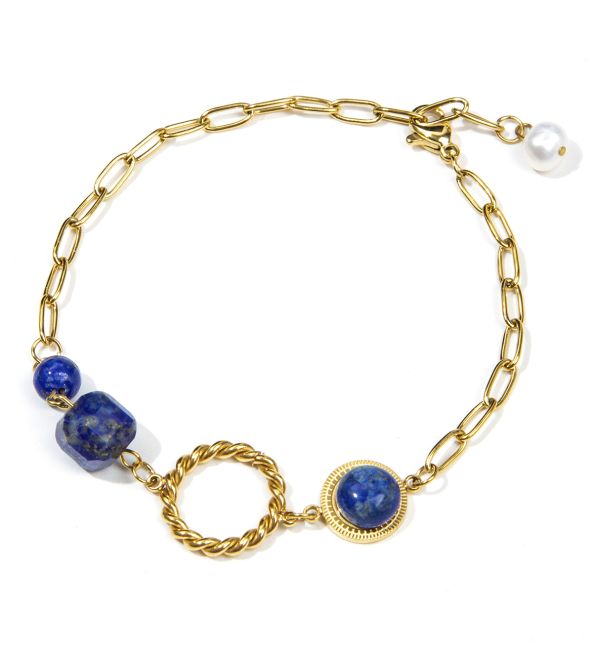 Bracelet Lapis Lazuli A en Acier Inoxydable Doré 23cm