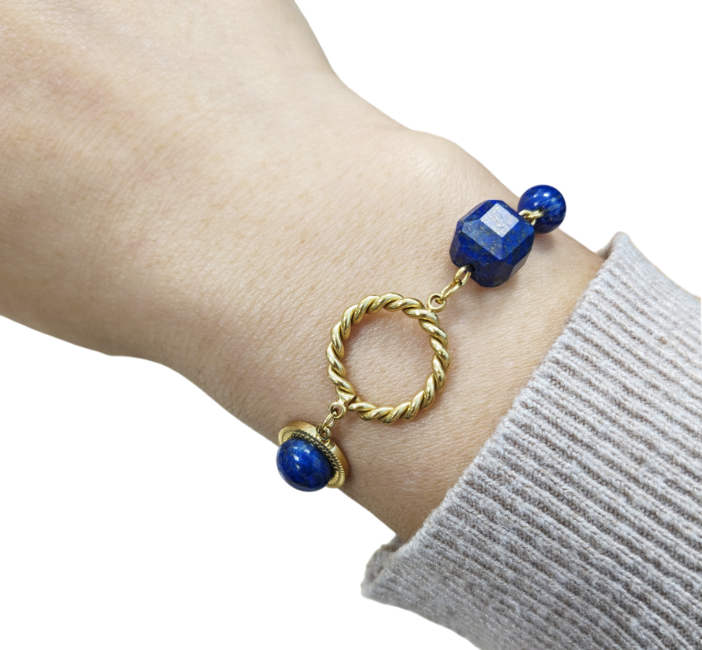 Bracelet Lapis Lazuli A en Acier Inoxydable Doré 23cm