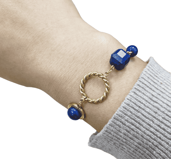 Bracelet Lapis Lazuli A en Acier Inoxydable Doré 23cm