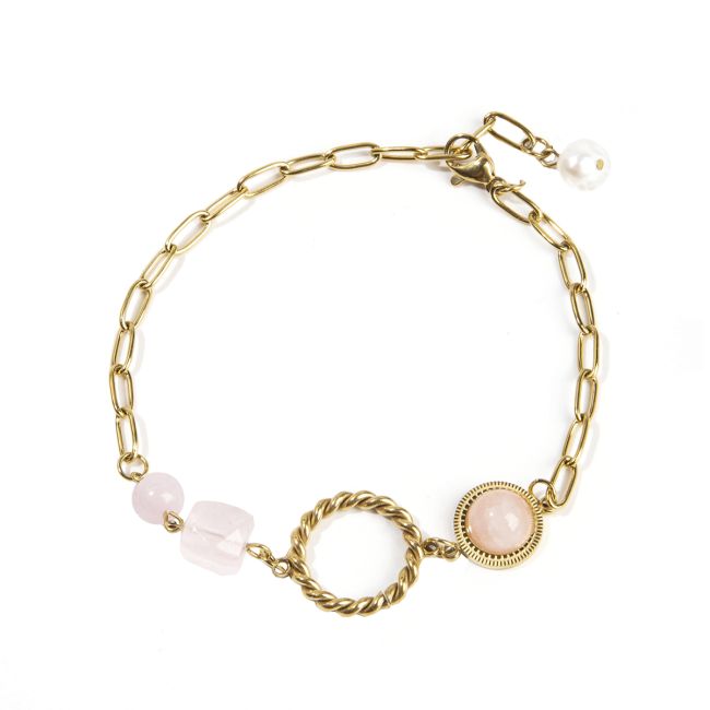 Bracelet Quartz Rose A Cube faceté en Acier Inoxydable Doré 23cm