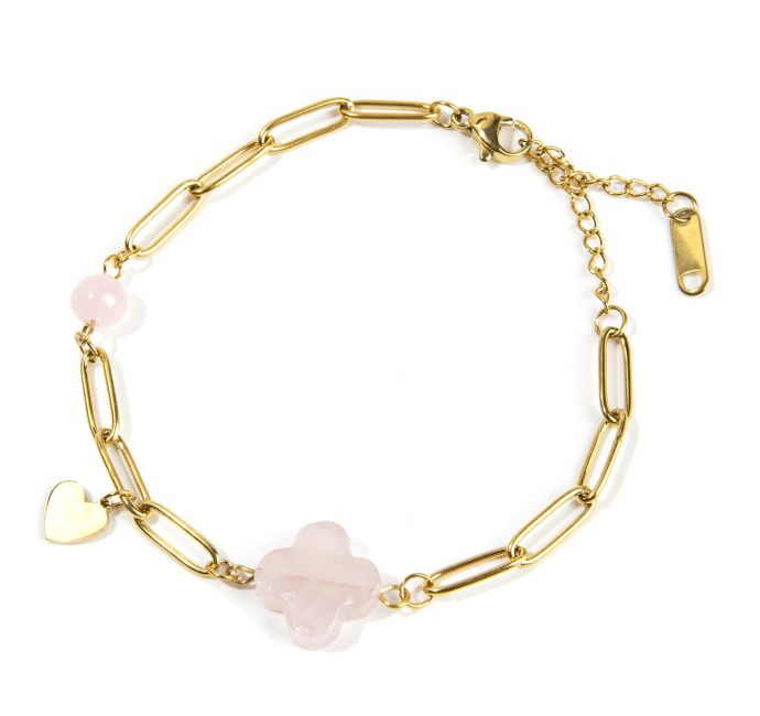 Bracelet Croix Quartz Rose A & Coeur en Acier Inoxydable Doré 16cm