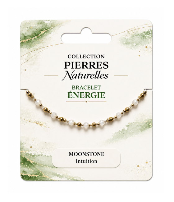 Bracelet Énergie en Pierre de Lune Blanche – Perles Dorées chez Arabesk