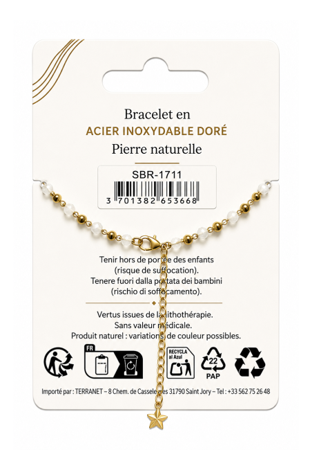 Bracelet Énergie en Pierre de Lune Blanche – Perles Dorées chez Arabesk|fr