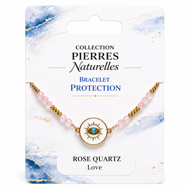 Bracelet Protection en Quartz Rose A – Médaillon Œil Protecteur