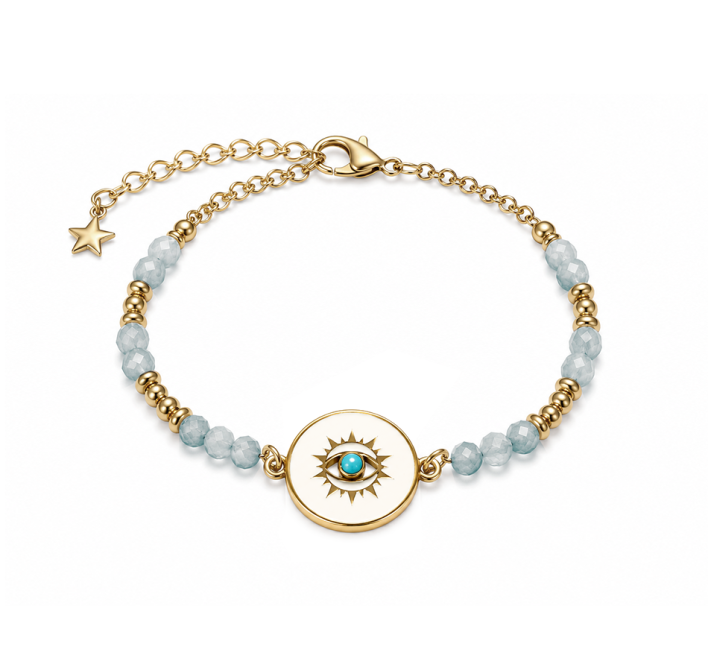 Bracelet Protection en Aigue-Marine AA – Médaillon Œil Protecteur