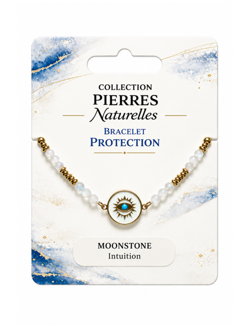 Bracelet Protection en Pierre de Lune Blanche – Médaillon Œil Protecteur chez Arabesk