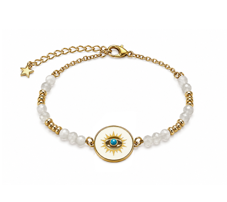 Bracelet Protection en Pierre de Lune Blanche A – Médaillon Œil Protecteur