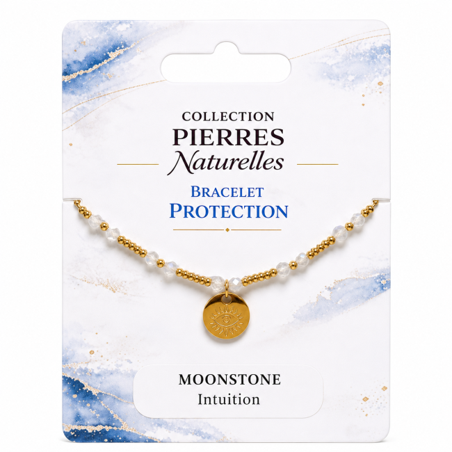 Bracelet Protection en Pierre de Lune Blanche AA – Œil Protecteur