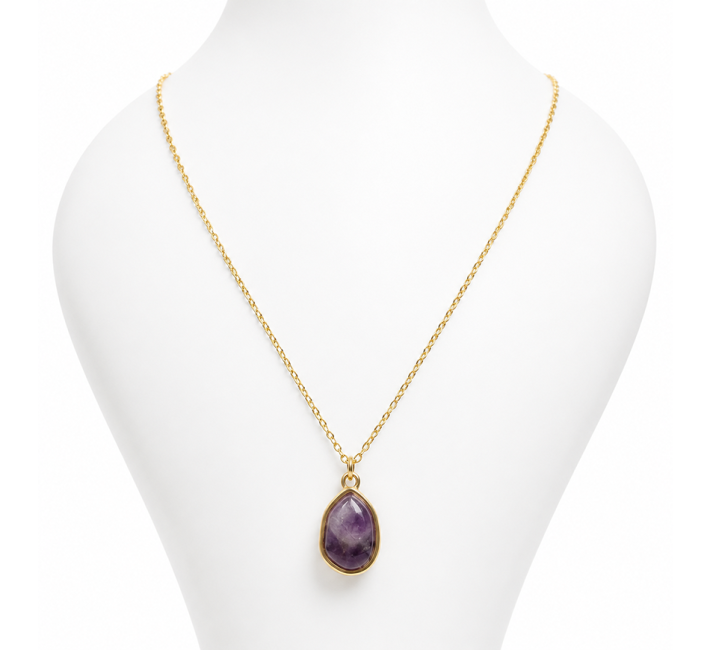 Collier Acier Inoxydable Doré Pendentif Géométrique Améthyste AA 15mm