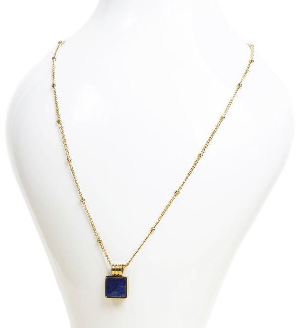 Collier Chaine Acier Inoxydable Doré Pendentif Carré Lapis Lazuli AA