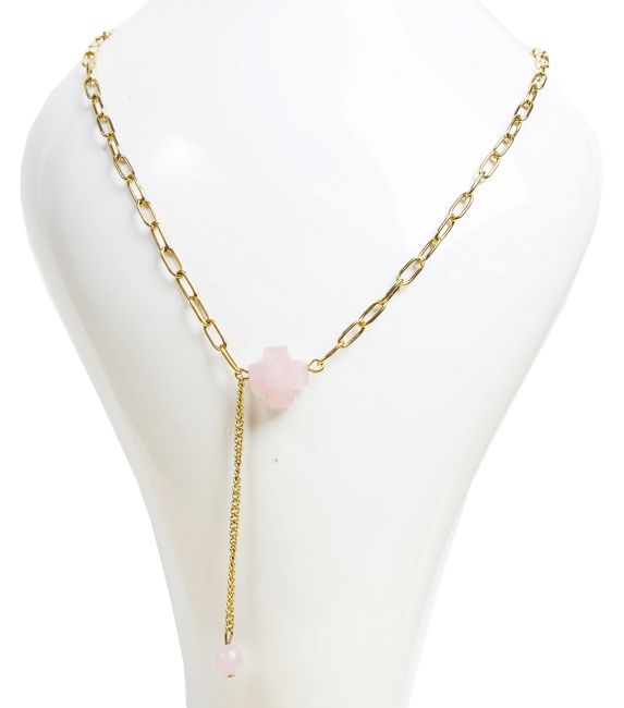 Collier Chaine Acier Inoxydable Doré Pendentif Croix Quartz Rose A Facetté