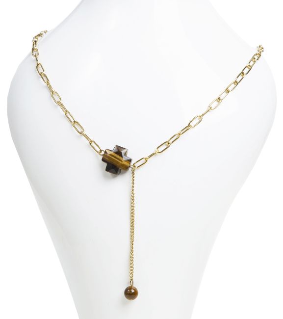 Collier Chaine Acier Inoxydable Doré Pendentif Croix Œil de Tigre A Facettée chez Arabesk