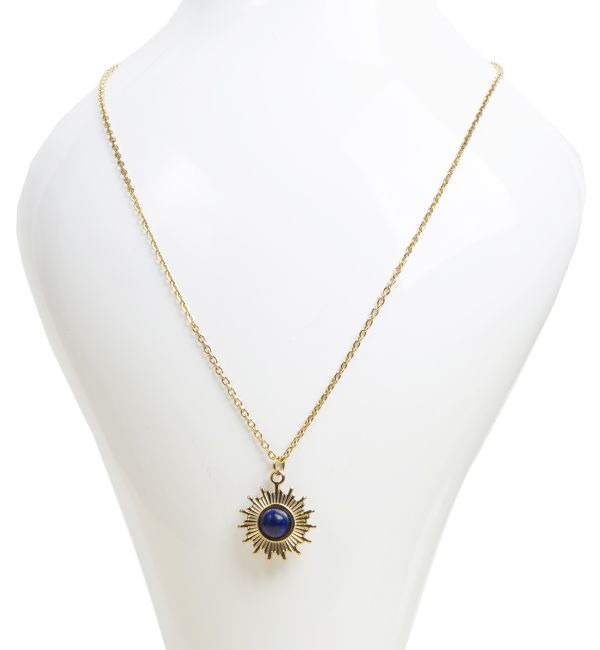 Collier Chaine Acier Inoxydable Doré Pendentif Soleil Lapis Lazuli A