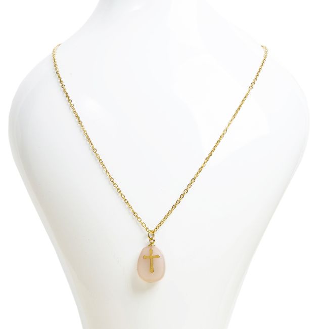 Collier Chaine Acier Inoxydable Doré Aventurine Pêche A & Croix chez Arabesk