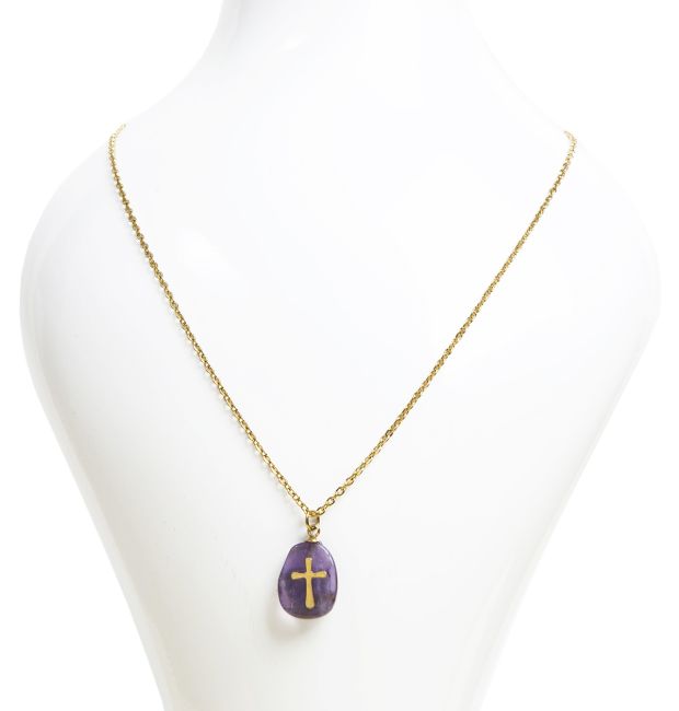 Goldfarbene Edelstahl-Halskette mit Amethyst A und Kreuz