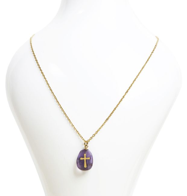 Collier Chaine Acier Inoxydable Doré Améthyste A & Croix