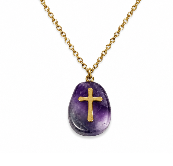 Collier Acier Inoxydable Doré Améthyste A & Croix chez Arabesk|fr