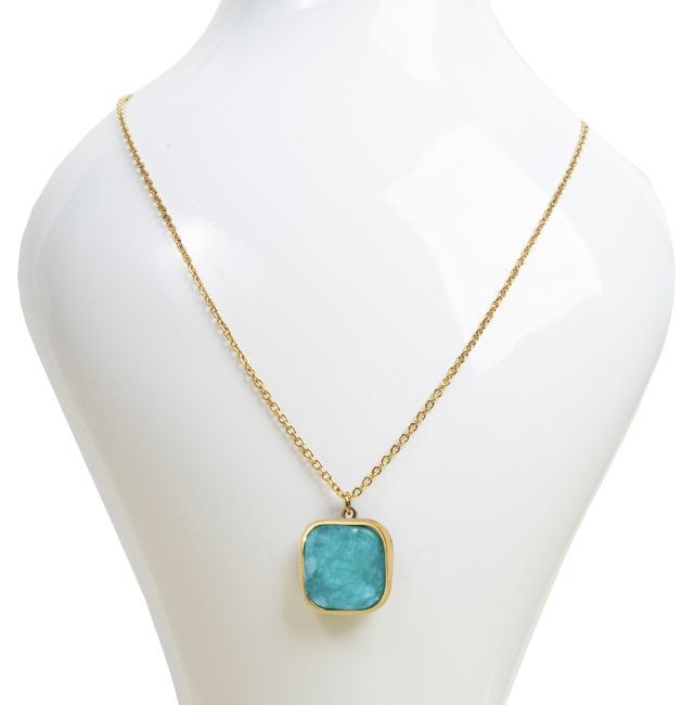 Collier Acier Inoxydable Doré avec Pendentif Carré Amazonite AA