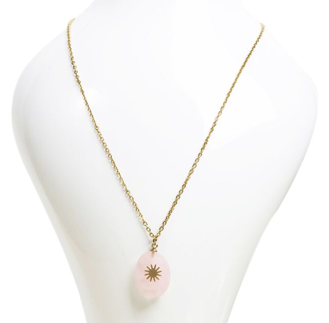 Collier Chaine Acier Inoxydable Doré Pendentif Quartz Rose AA Facetté  & Etoile