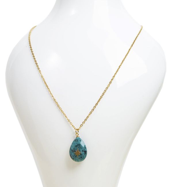 Collier Chaine Acier Inoxydable Doré Pendentif Turquoise Naturelle d'Afrique A Facetté  & Etoile