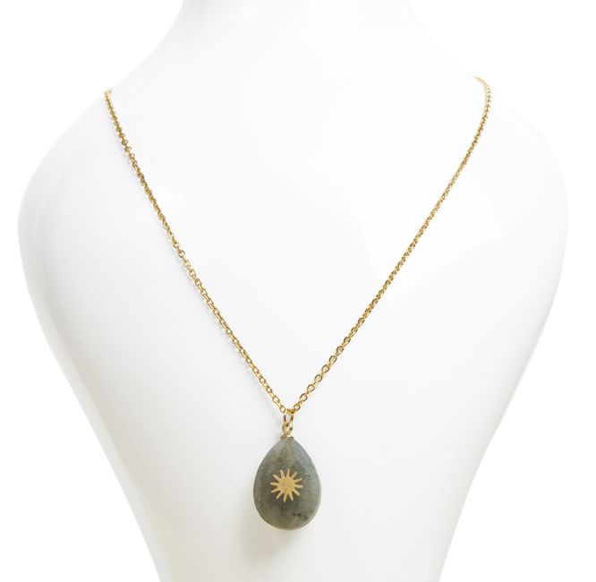 Collier Chaine Acier Inoxydable Doré Pendentif Labradorite A Facetté  & Soleil