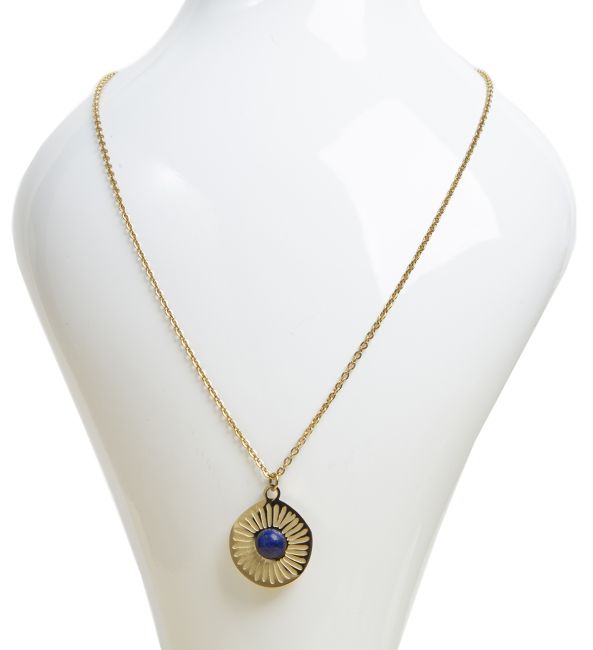 Collier Acier Inoxydable Doré avec Pendentif Rond Soleil Lapis Lazuli A