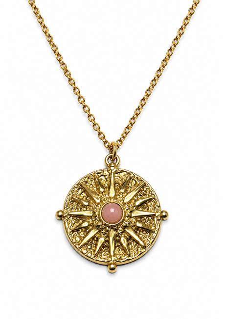 Collier Acier Inoxydable Doré Soleil Quartz Rose A chez Arabesk|fr