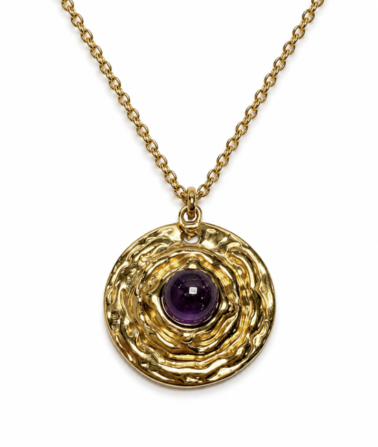 Collier Acier Inoxydable Doré Pendentif Rond Améthyste A 18.6mm chez Arabesk|fr