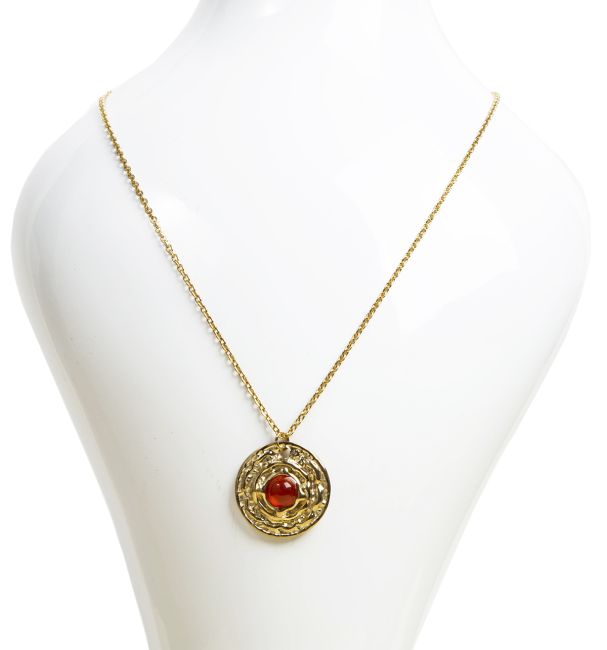 Collier Acier Inoxydable Doré avec Pendentif Rond Agate Rouge A