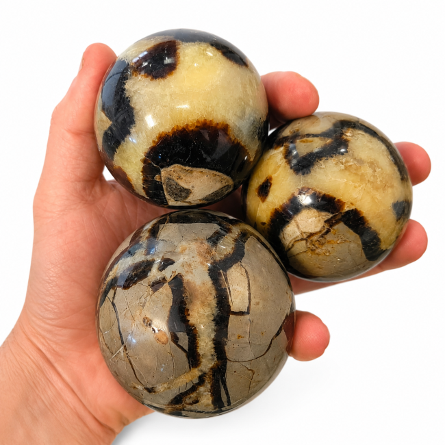3 Sphères en Septaria poli 1.230kg chez Arabesk