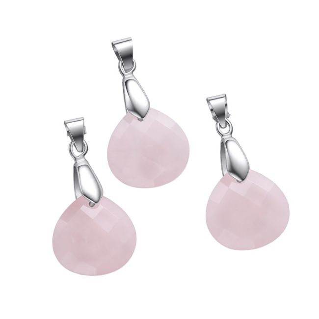 Pendentif Goutte Plate Facettée Quartz Rose – Lot De 3