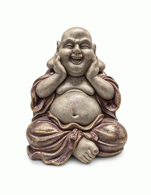 Statue Bouddha Rieur Mauve Patiné et Or en Résine 26 cm chez Arabesk