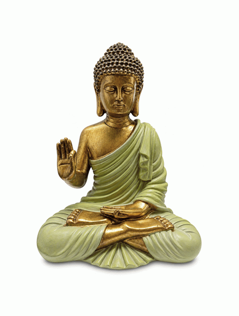 Statue Bouddha Abhaya Verte et Dorée en Résine 23 cm chez Arabesk