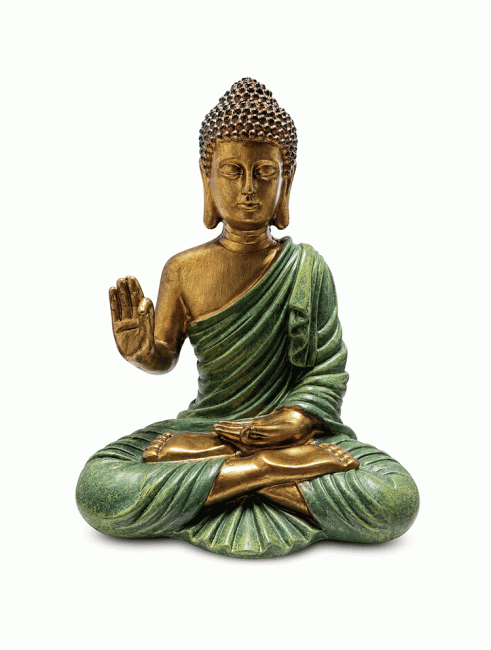 Statue Bouddha Abhaya Vert Foncé et Dorée en Résine 31 cm chez Arabesk