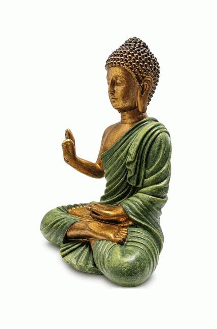 Statue Bouddha Abhaya Vert Foncé et Dorée en Résine 31 cm chez Arabesk|fr